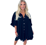 Load image into Gallery viewer, LUXE DIVA Women&#39;s Ladies Gold Button Pleated Frill Summer Shirt Swing Smock Mini Dress Top
