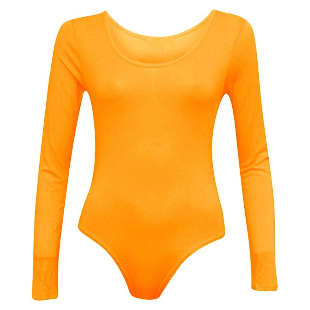 Ladies New Plain Round Neck Long Sleeve Slim Fit Basic Stretchy Leotard Bodysuit Top