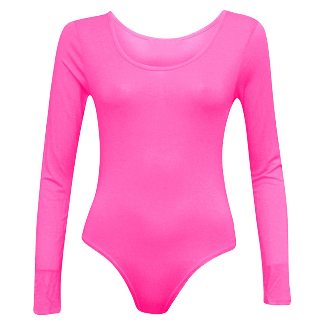 Ladies New Plain Round Neck Long Sleeve Slim Fit Basic Stretchy Leotard Bodysuit Top