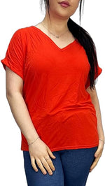Load image into Gallery viewer, Women&#39;s New Plus Size Womens Short Turn Up Sleeve Baggy Plain Top Ladies V-Neck T-Shirt 16-26
