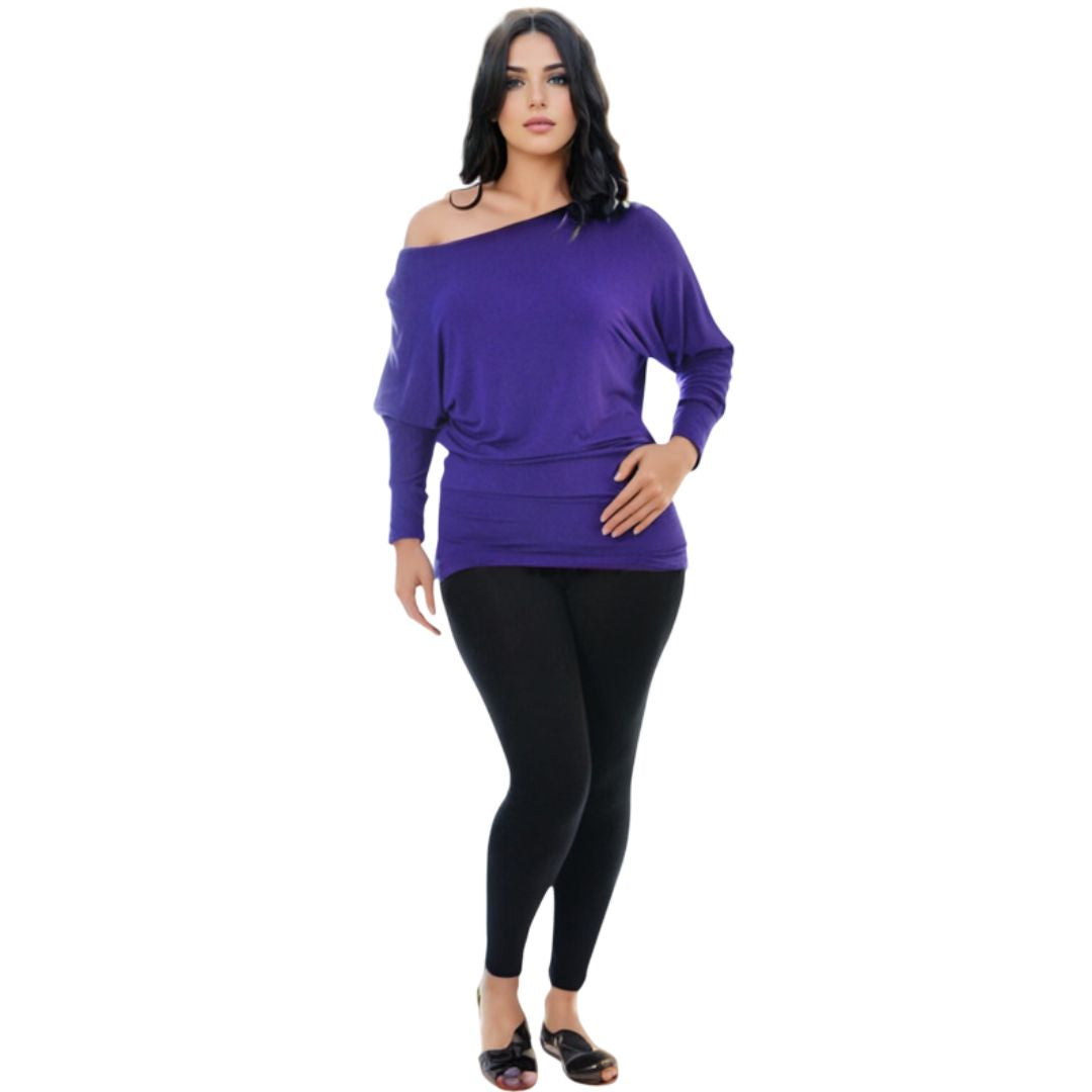 LUXE DIVA One Off-Shoulder Tops with Long Sleeves, Off Shoulder Batwing Jumper, Ladies Batwing Top in Black, Red, White Plus 21 Colors More UK