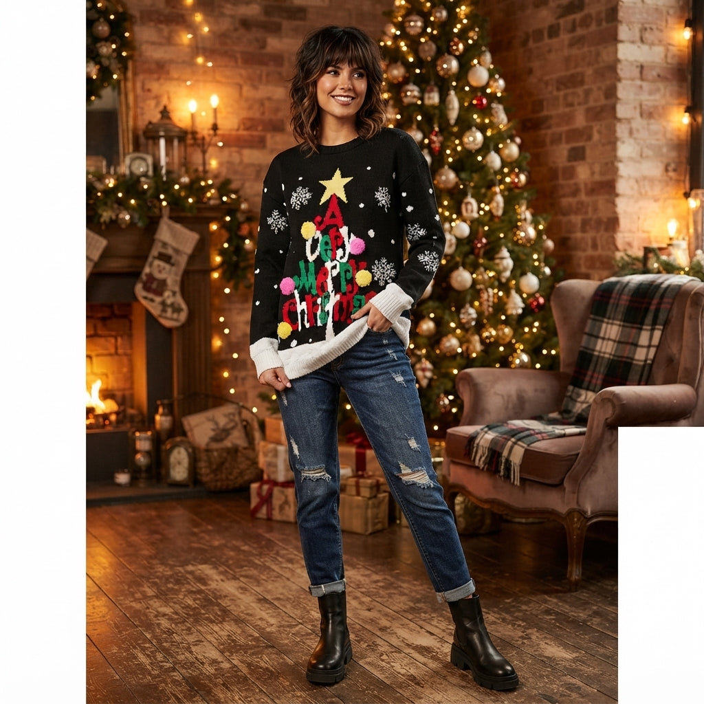 LUXE DIVA Women's Knitted Rudolph on wall Xmas Snowflake Ladies kids Reindeer Pom Jumpers