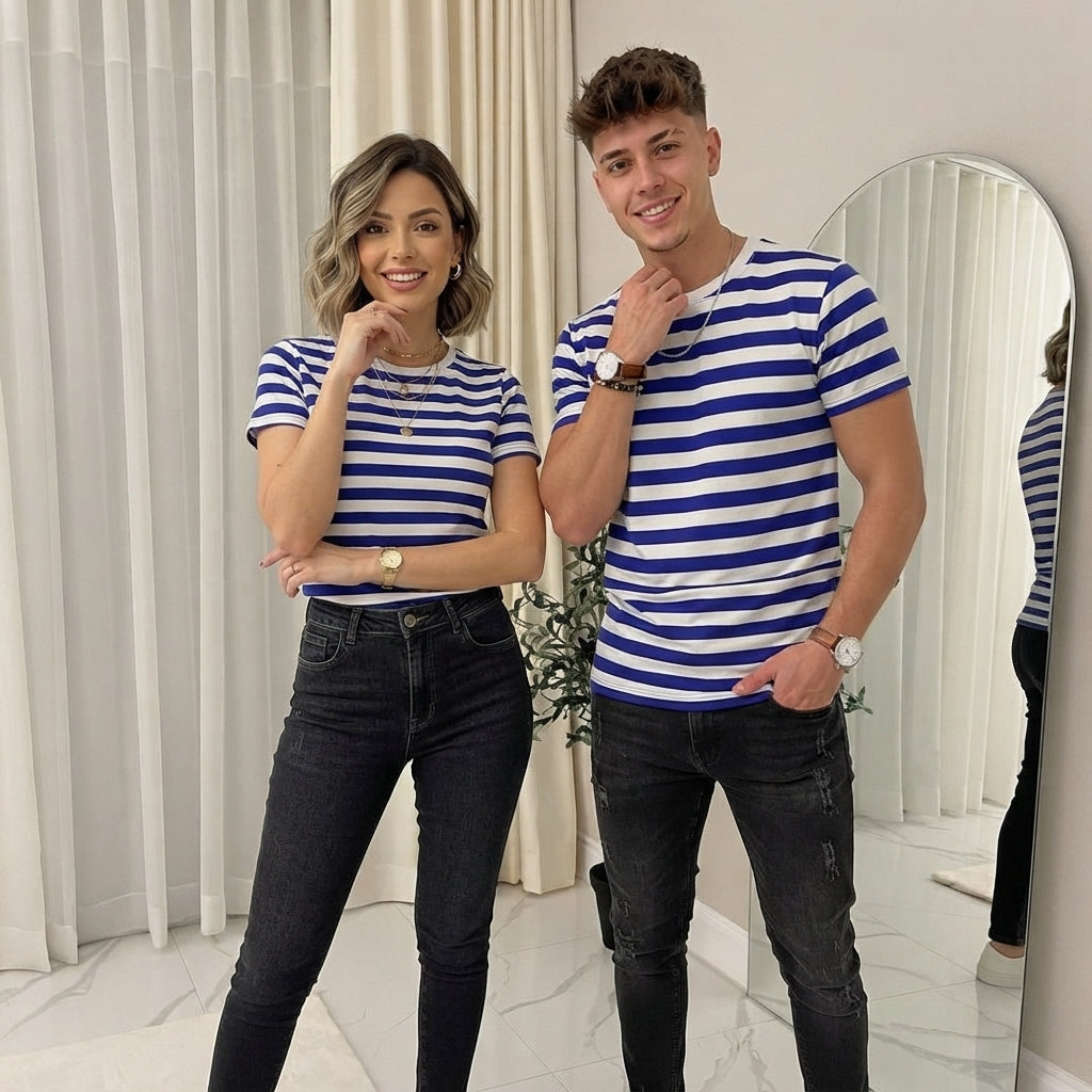LUXE DIVA Unisex Striped T-Shirt Men's Women's Crew Neck Short Sleeve Casual Summer Top S-XXL