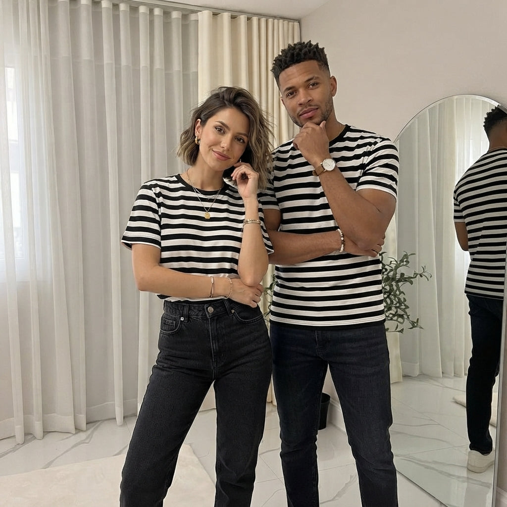 LUXE DIVA Unisex Striped T-Shirt Men's Women's Crew Neck Short Sleeve Casual Summer Top S-XXL