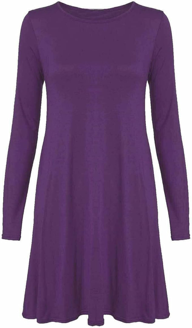 Womens Plain Long Sleeve Stretch A Line Skater Flared Swing Dress Top