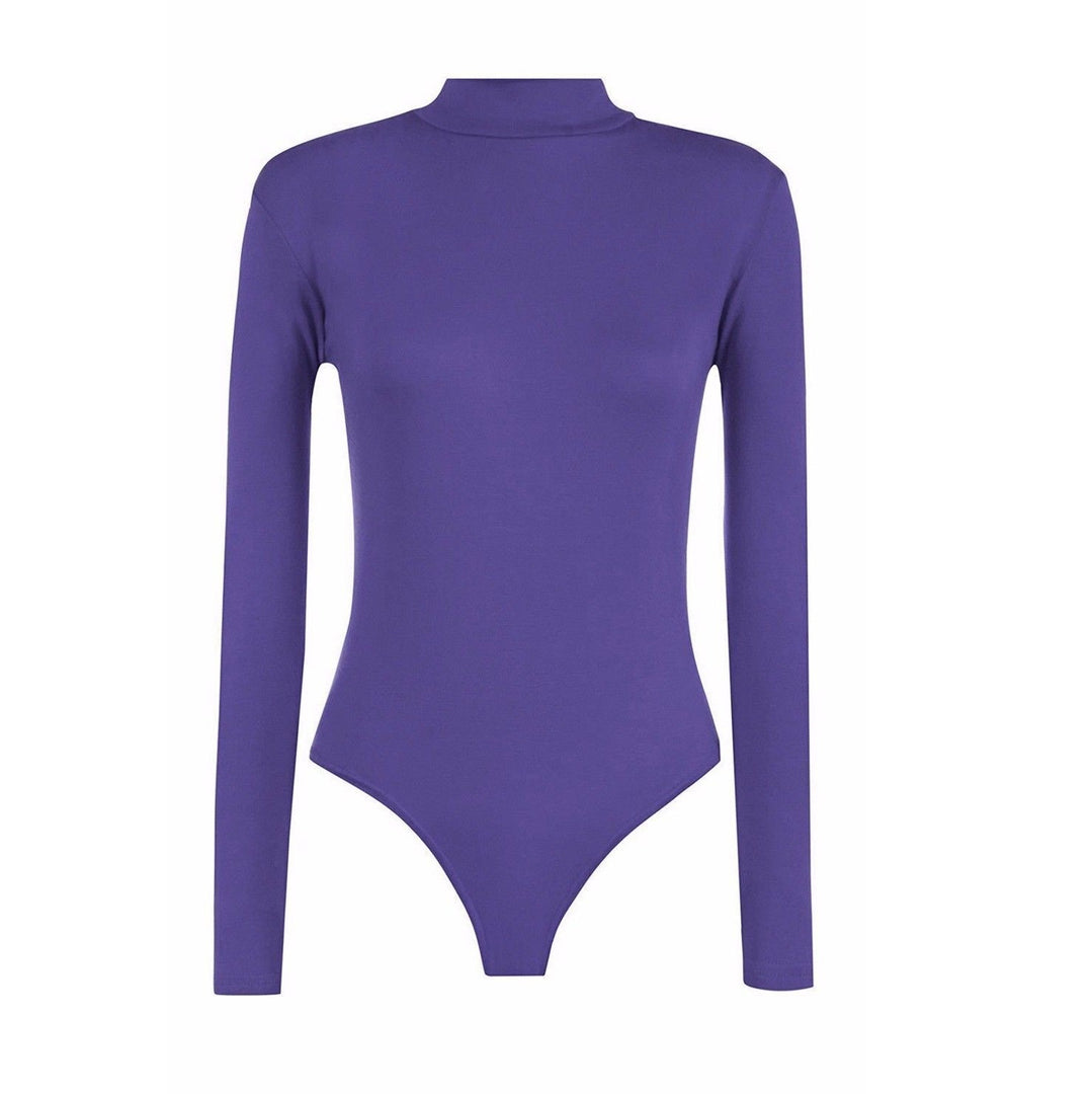 Womens Ladies Long Sleeve Polo Turtle Neck Plain Stretch Bodysuit UK 8-26