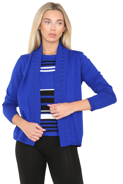 Womens Fine Knitted Striped Jumper Open Long Sleeve Sweater Twin Cardigan