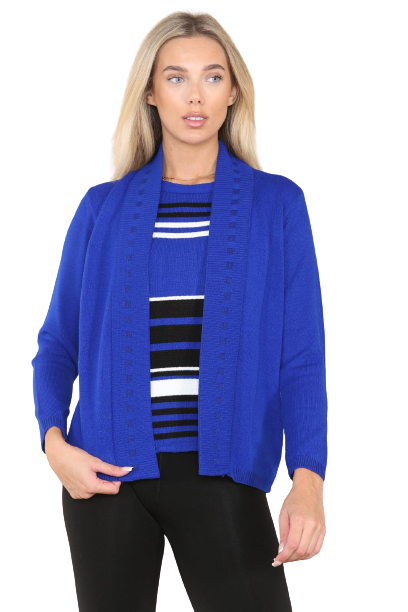 Womens Fine Knitted Striped Jumper Open Long Sleeve Sweater Twin Cardigan
