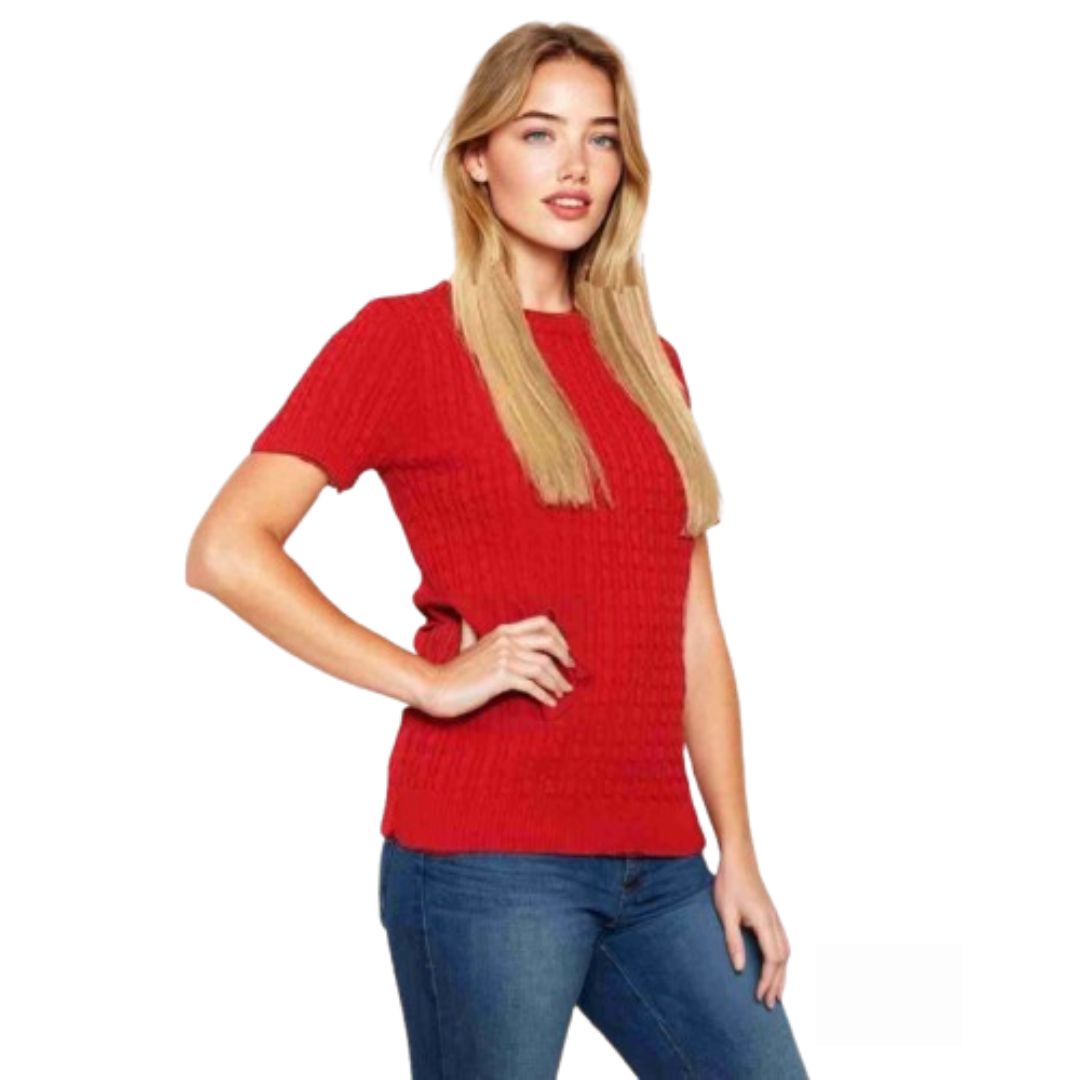 LUXE DIVA Women’s Short Sleeve Soft Smooth Cable Knitted Jumper Ladies Round Neck Oversized Pull Over Knit Warm Sweaters Top Plus Size 8-24
