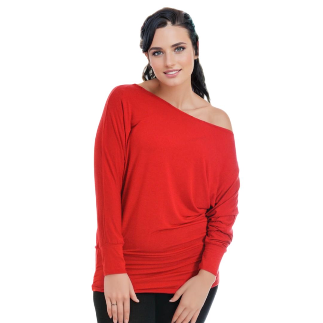 LUXE DIVA One Off-Shoulder Tops with Long Sleeves, Off Shoulder Batwing Jumper, Ladies Batwing Top in Black, Red, White Plus 21 Colors More UK