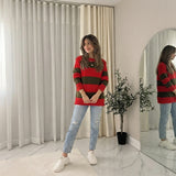 LUXE DIVA Women’s Red Green Stripe Knitted Jumper Ladies Halloween Fancy Dress Sweater Top Girls Long Sleeve Knitted Pullover Winter Sweatshirt