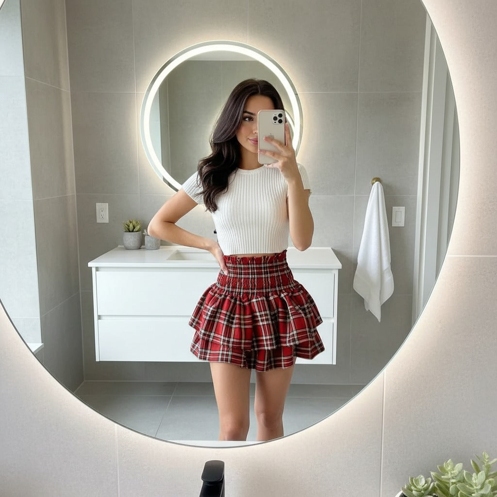 Ladies Frill RARA Mini Skirt, High Elasticated Waist Check Pleated Skirt, Elegant Women Tartan Short Skirts Size 8-14