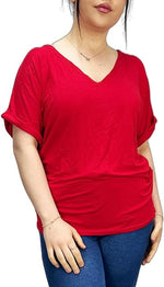 Load image into Gallery viewer, Women&#39;s New Plus Size Womens Short Turn Up Sleeve Baggy Plain Top Ladies V-Neck T-Shirt 16-26
