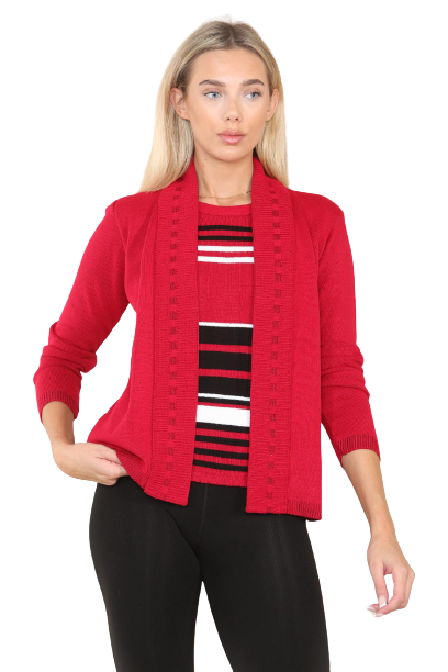 Womens Fine Knitted Striped Jumper Open Long Sleeve Sweater Twin Cardigan