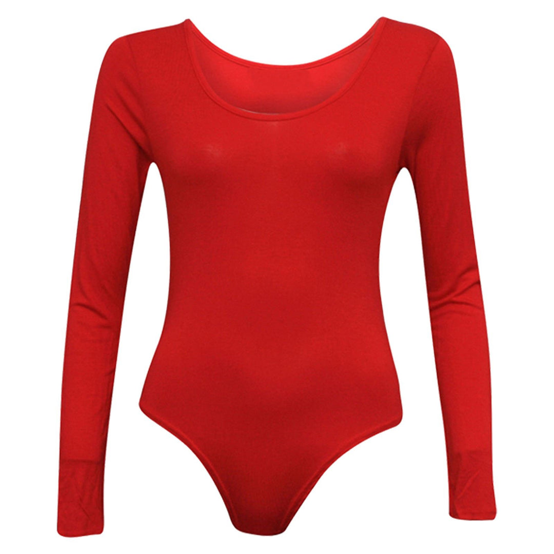 Ladies New Plain Round Neck Long Sleeve Slim Fit Basic Stretchy Leotard Bodysuit Top
