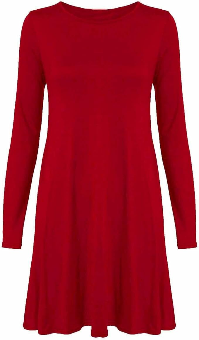 Womens Plain Long Sleeve Stretch A Line Skater Flared Swing Dress Top