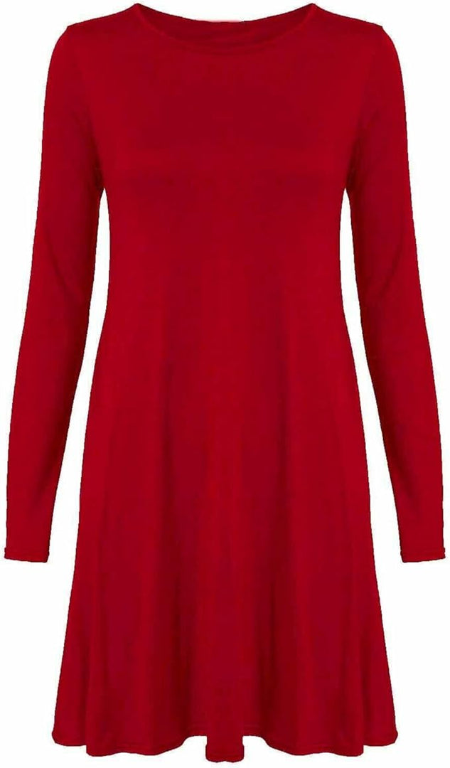 Womens Plain Long Sleeve Stretch A Line Skater Flared Swing Dress Top