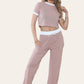 LUXE DIVA Ladies Ribbed Contrast Cap Sleeve Crop Top & Trouser 2 Piece Co ord Set 8-18 Comfort Fit Womenswear Chic Comfortable Cropped Suits Lady Basic