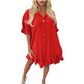 LUXE DIVA Women's Ladies Gold Button Pleated Frill Summer Shirt Swing Smock Mini Dress Top