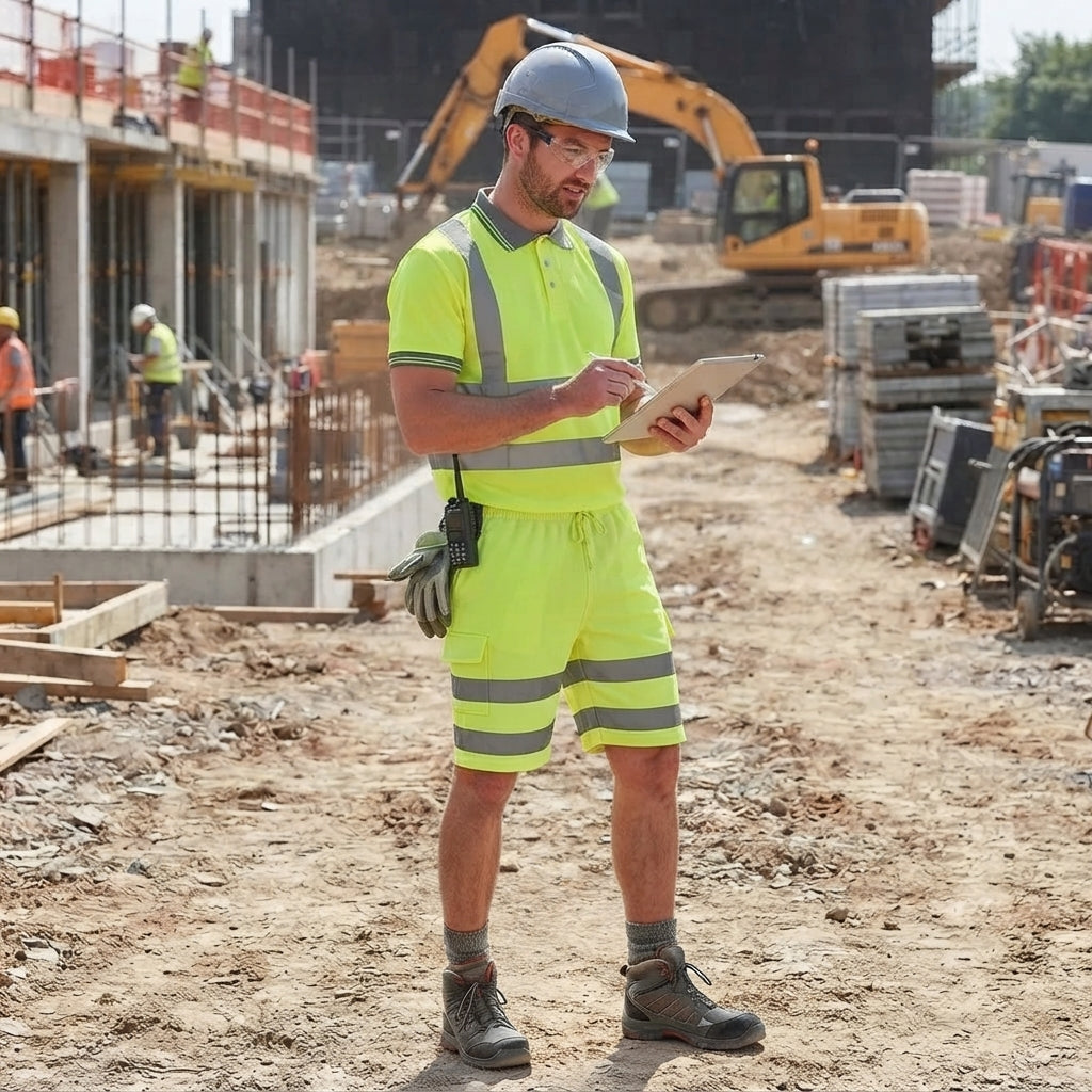 LUXE DIVA Men's Hi Vis Short Sleeve Polo Shirt & Shorts High Visibility Reflective Workwear Set