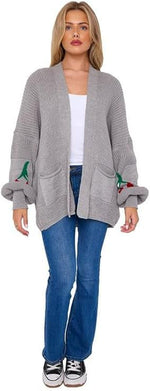 Load image into Gallery viewer, LUXE DIVA Womens Knitted Cherry Print Balloon Sleeves Cardigan
