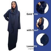 LUXE DIVA Womens Gold Trim Dubai Abaya With Scarf Islamic Muslim Jilbab Long Maxi Dress