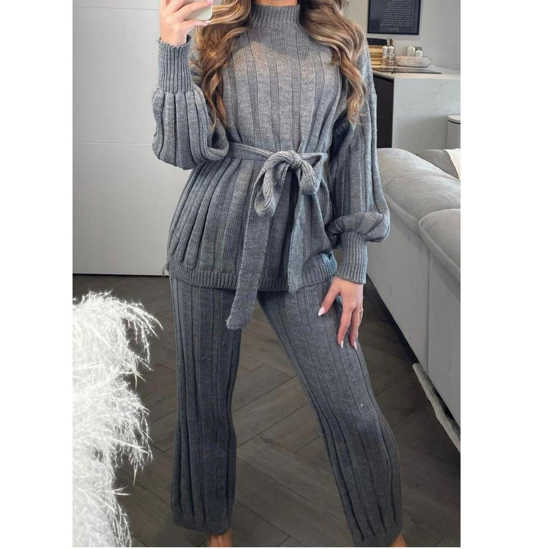Ladies women high neck belted knitted two piece set lounge wear