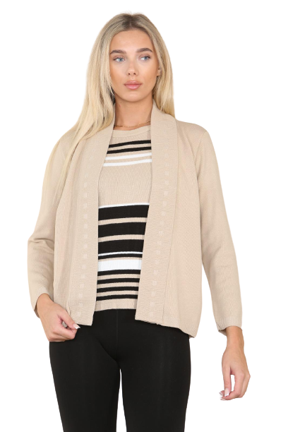 Womens Fine Knitted Striped Jumper Open Long Sleeve Sweater Twin Cardigan