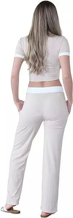 Load image into Gallery viewer, LUXEDIVA Cap Sleeve Crop Top White Stripe Contrast Pocket White Hem Draw String Trouser Set Tracksuit
