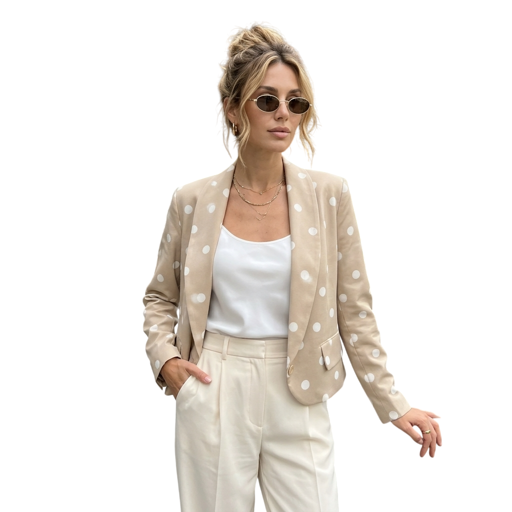 LUXE DIVA LADIES CROP ROUGE SLEEVE POLKA DOT BLAZER