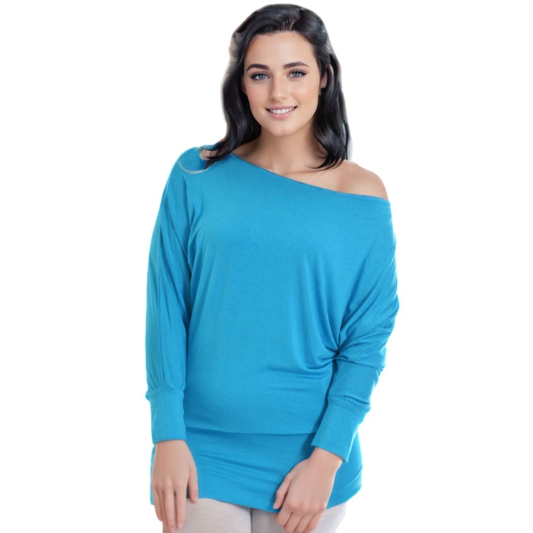 LUXE DIVA One Off-Shoulder Tops with Long Sleeves, Off Shoulder Batwing Jumper, Ladies Batwing Top in Black, Red, White Plus 21 Colors More UK