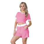 Load image into Gallery viewer, Women Contrast Ribbed Short Sleeve Top Shorts Set Ladies Two Piece Summer Co-ord
