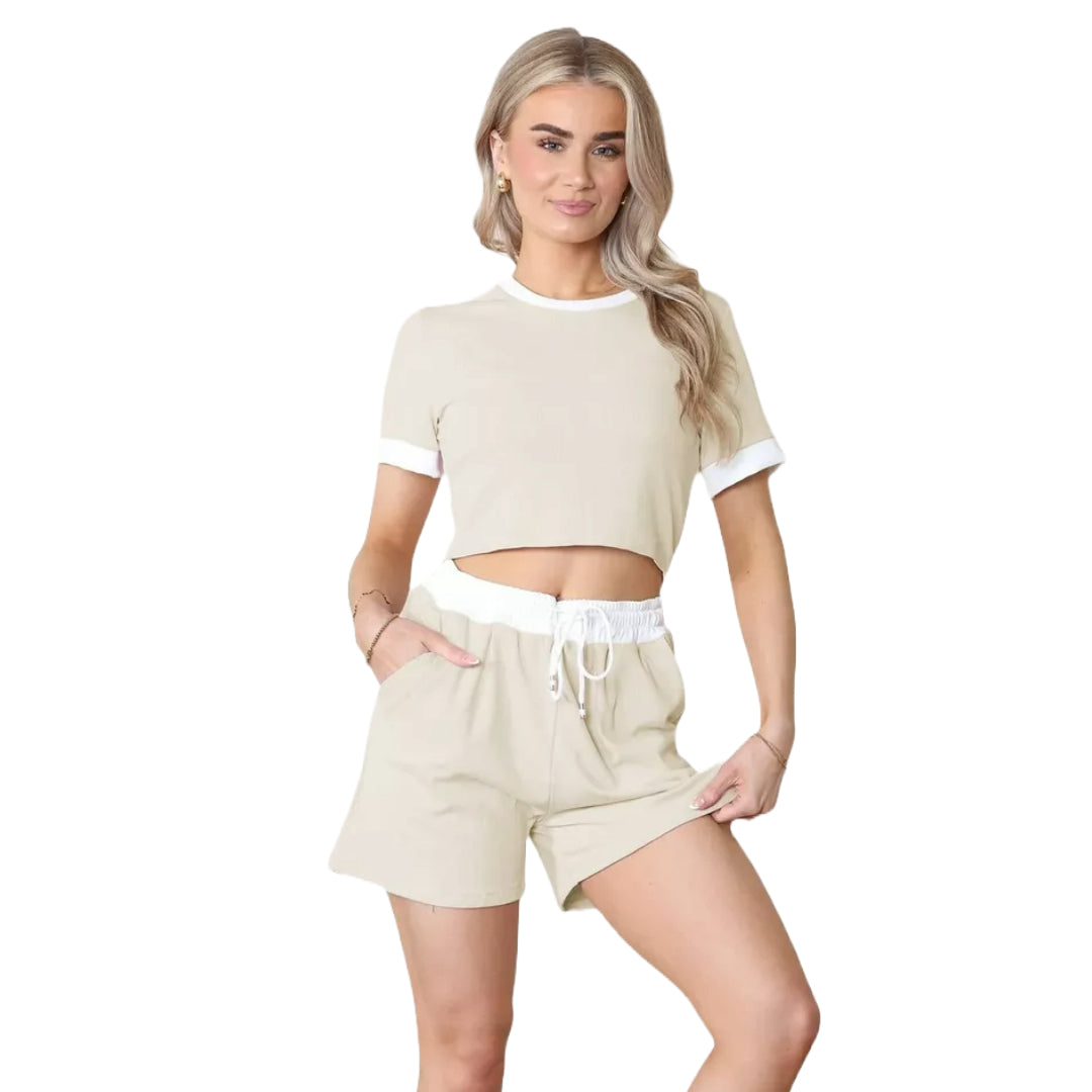 Women’s Boxy Lounge Wear Set – Casual Short Sleeve Tracksuit With Pockets (Two-Piece)