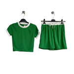 Load image into Gallery viewer, Women Contrast Ribbed Short Sleeve Top Shorts Set Ladies Two Piece Summer Co-ord
