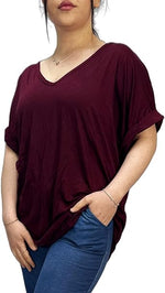 Load image into Gallery viewer, Women&#39;s New Plus Size Womens Short Turn Up Sleeve Baggy Plain Top Ladies V-Neck T-Shirt 16-26
