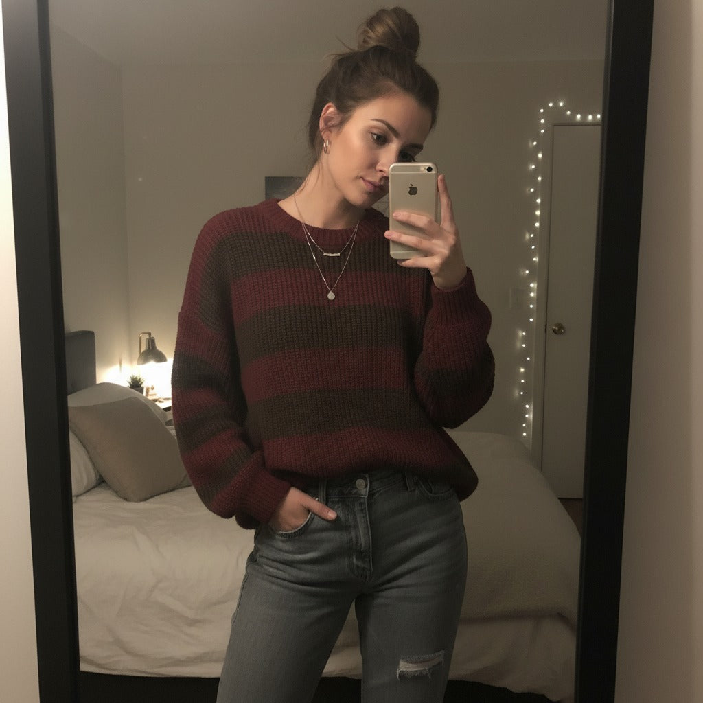 Chunky Knit Striped Women's Jumpers, Long Sleeve Crew Neck Oversized Ladies Jumper, Warm Knitted Sweater Tops, Winter Pullover Jumpers UK