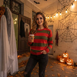 LUXE DIVA Ladies Horror Halloween Red Green Striped Knitted Jumper Dress Freddy Krueger Style