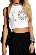 Load image into Gallery viewer, Womens Ladies New Sun Moon Print Tie Up Square Halter Neck Plain Crop Top Sleeveless Vest T Shirt Top
