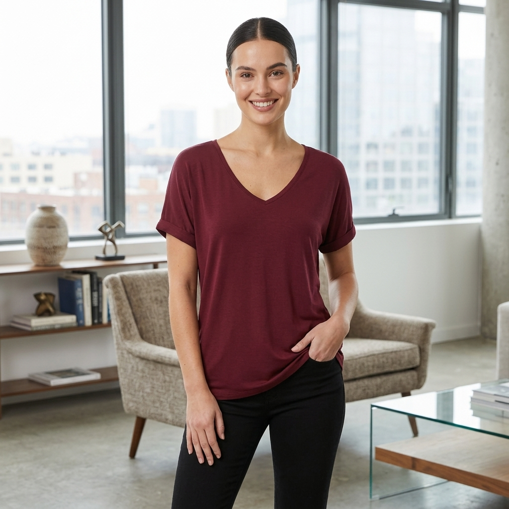 LUXE DIVA Women's Plus Size V-Neck Baggy Top with Turn-Up Short Sleeves