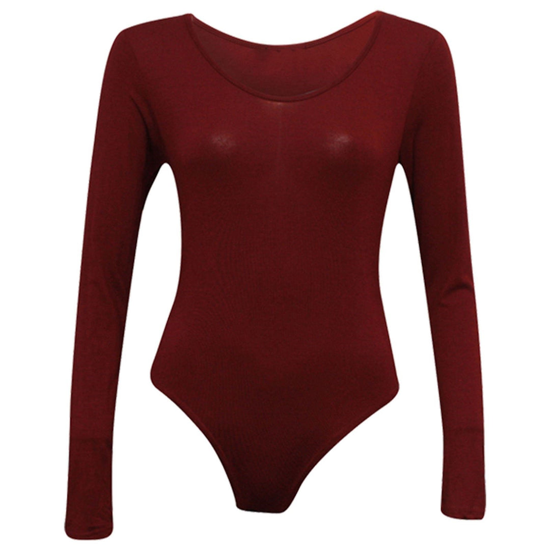 Ladies New Plain Round Neck Long Sleeve Slim Fit Basic Stretchy Leotard Bodysuit Top