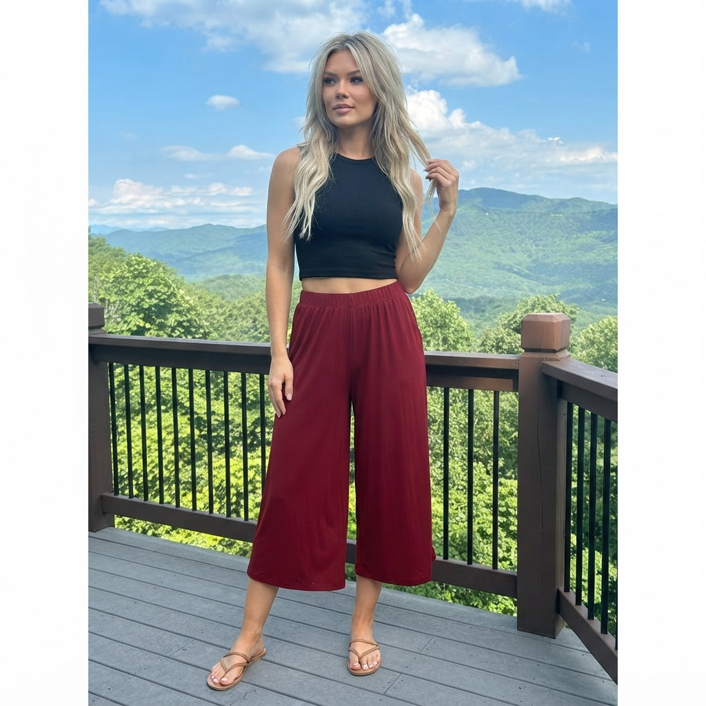 LUXE DIVA Women's Wide Leg 3/4 Length Palazzo Trousers Elasticated Waist Sizes 8-26