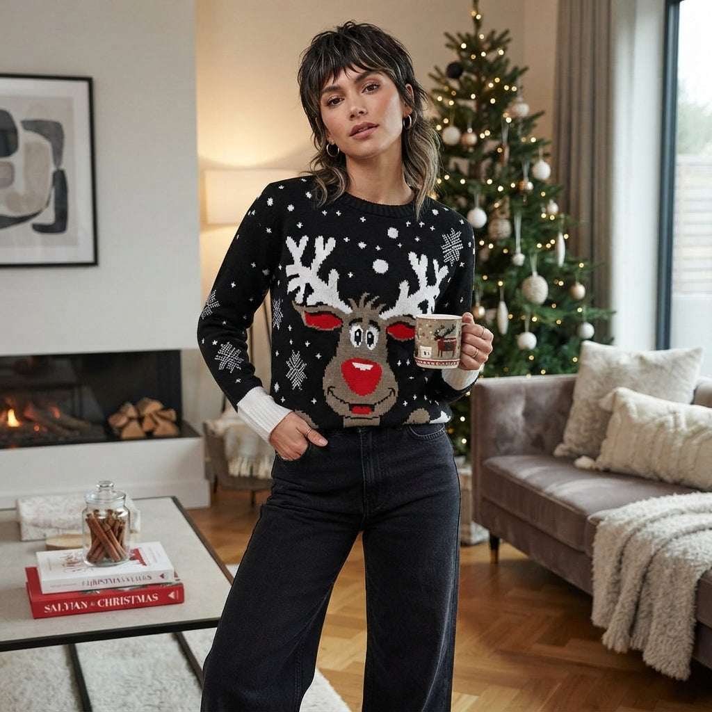 LUXE DIVA Women's Knitted Rudolph on wall Xmas Snowflake Ladies kids Reindeer Pom Jumpers
