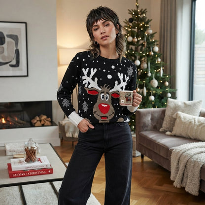 LUXE DIVA Women's Knitted Rudolph on wall Xmas Snowflake Ladies kids Reindeer Pom Jumpers