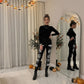 LUXE DIVA Women's Skeleton Halloween Costume Skull Bone Dress Jumpsuit Bodysuit