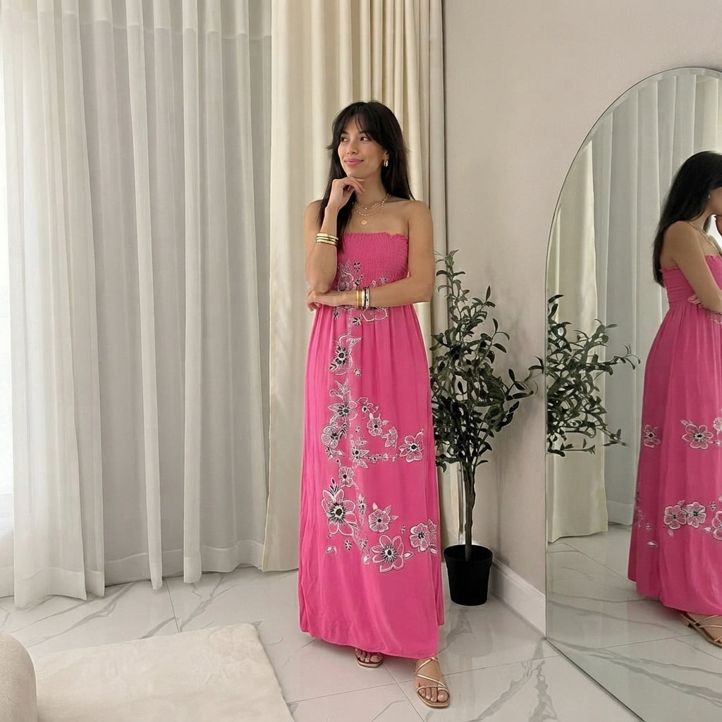 LUXE DIVA Womens Sleeveless Chunky Flower Printed Sheering Maxi Party Dress Sizes S-2XL