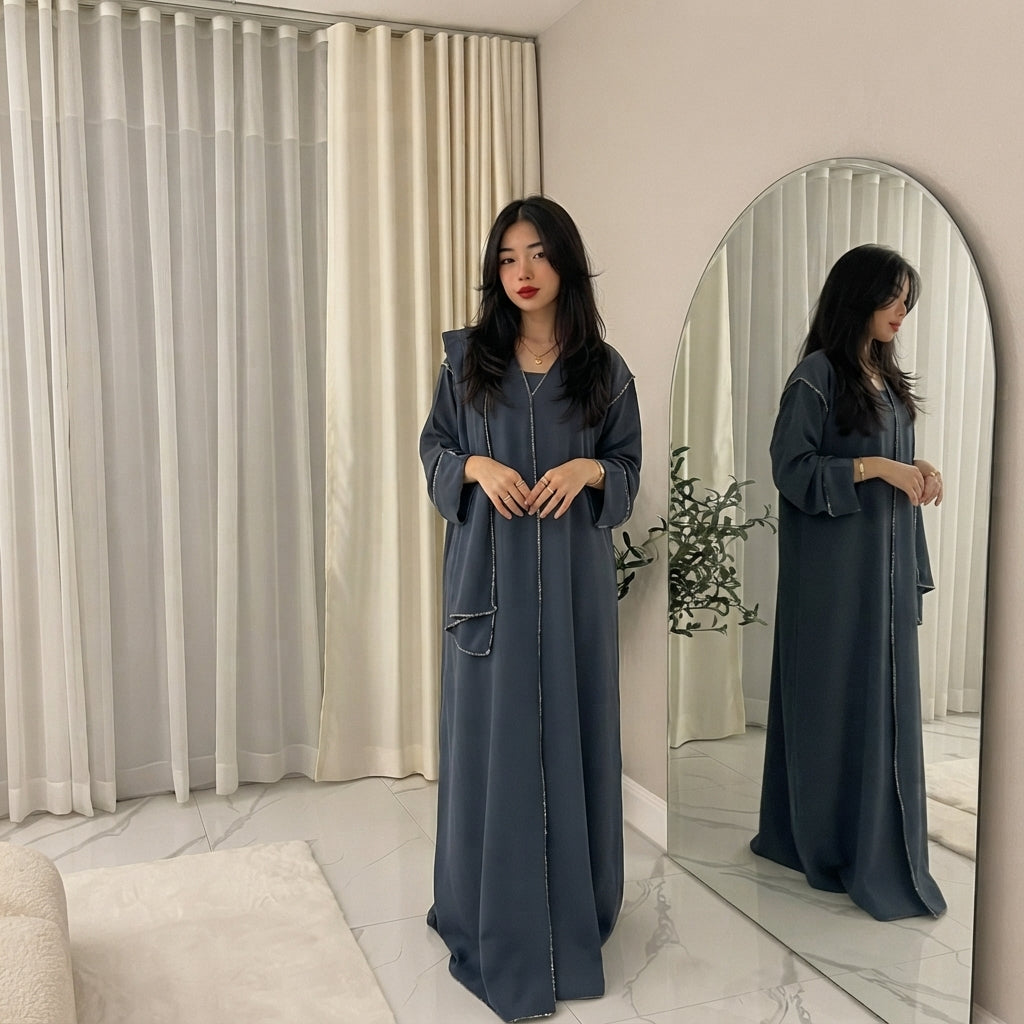LUXE DIVA Women’s Gold Trim Abaya With Scarf Maxi Dress