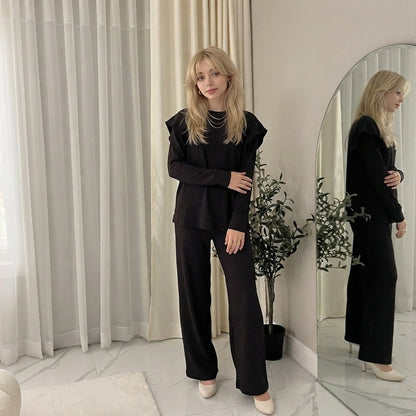 LUXE DIVA Ladies Frill Sleeve Two Piece Lounge Set Wide Leg Trousers