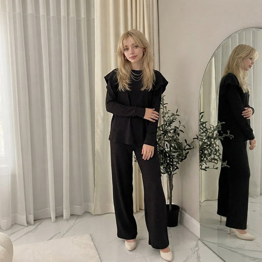 LUXE DIVA Ladies Frill arm Long Sleeve 2pcs Women's Wide Flared Leggings Trouser Loungewear Suit