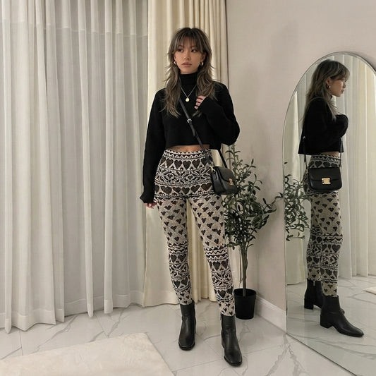 LUXE DIVA Womens Knitted Tartan Winter Leggings Ladies Soft Warm Wool Christmas Retro Pants Warm Trousers
