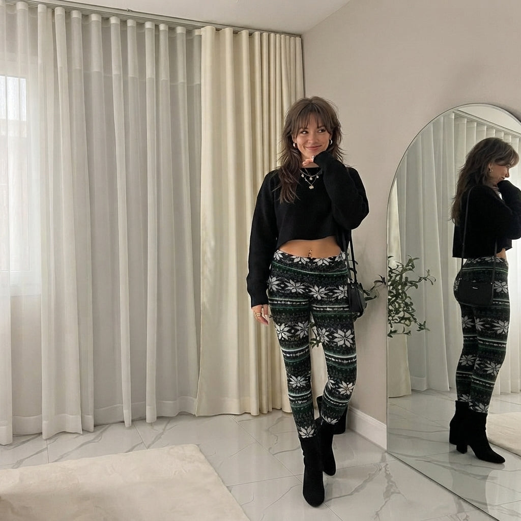 LUXE DIVA Women's Knitted Tartan Winter Leggings Soft Warm Christmas Trousers
